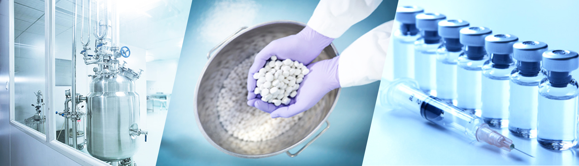 Interior images of factories, person holding drug tablets in hand, and a small sample bottles.